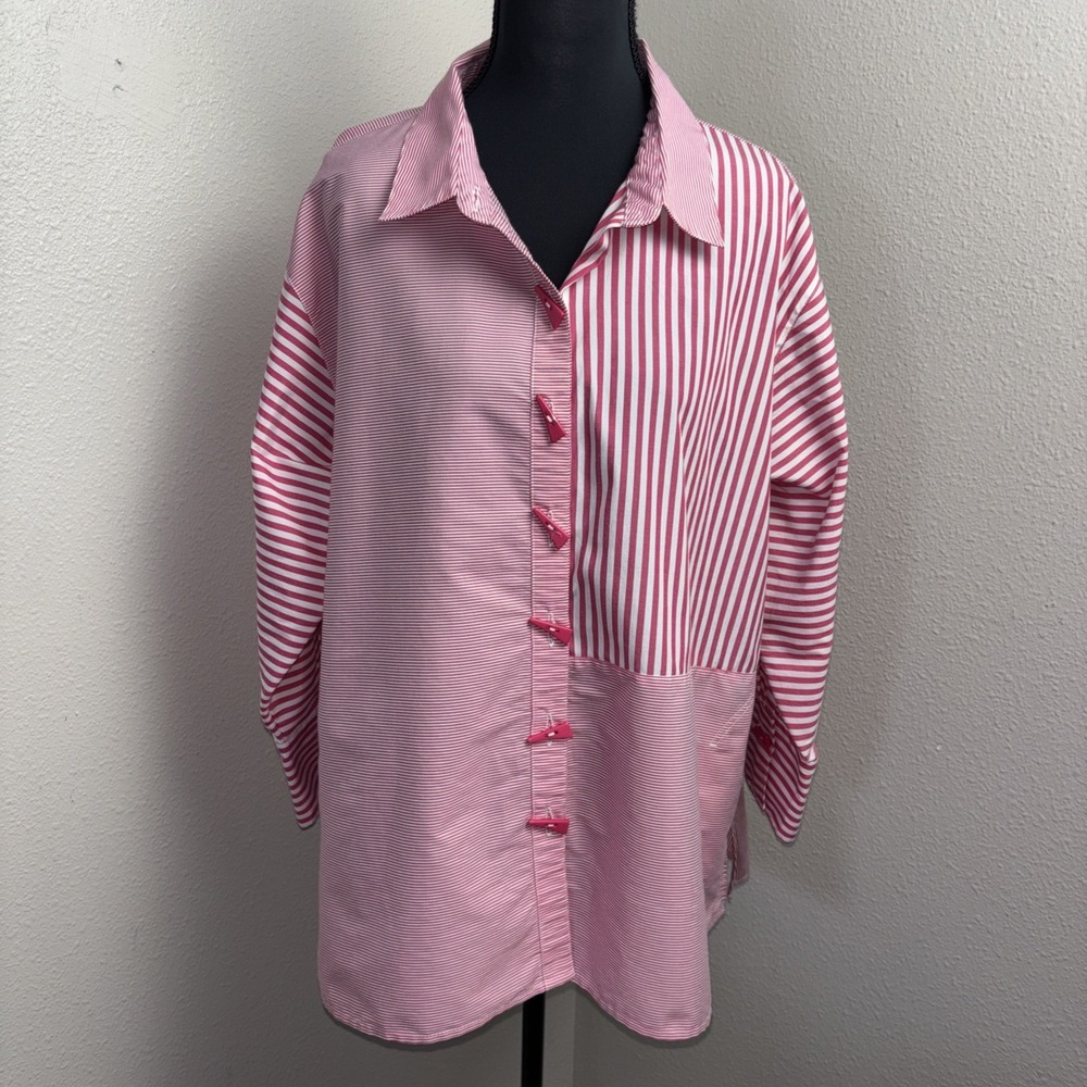 Multiples Tunic Top PXL Pink Striped Retro Patchwork Pocket 3/4 Sleeve Boho